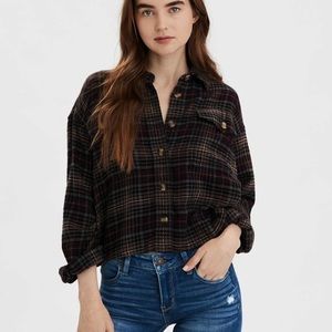 American Eagle Plaid Brown Button Up Cropped Shirt